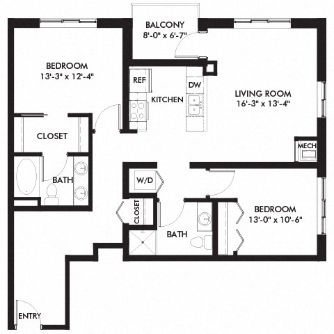 Floor plan for 2 beds, 2 baths, 1124 sqft