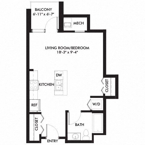 Floor plan for studio, 1 bath, 556 sqft