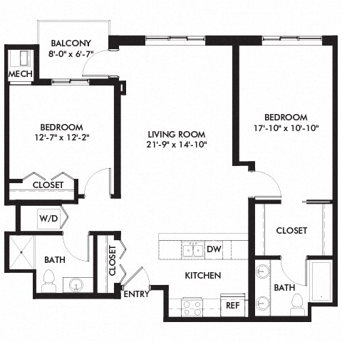 Floor plan for 2 beds, 2 baths, 1140 sqft
