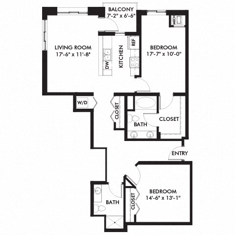 Floor plan for 2 beds, 2 baths, 1239 sqft