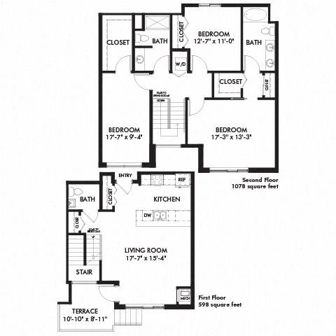 Floor plan for 3 beds, 2.5 baths, 1676 sqft