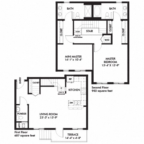 Floor plan for 2 beds, 2.5 baths, 1509 sqft