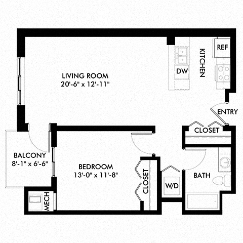 Floor plan for 1 bed, 1 bath, 763 sqft