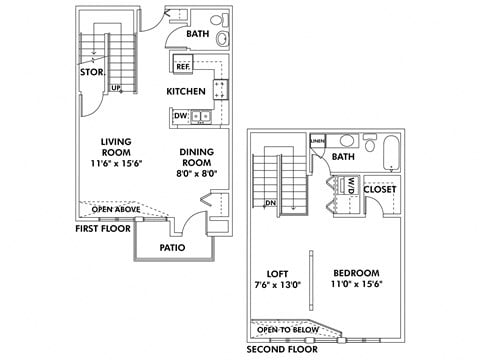 Floor plan for 1 bed, 1.5 baths, 1120 sqft