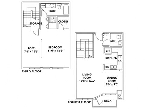 Floor plan for 1 bed, 1.5 baths, 1120 sqft