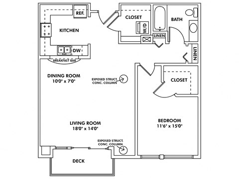 Floor plan for 1 bed, 1 bath, 890 sqft