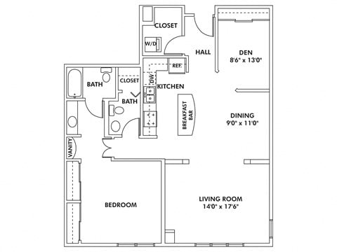Floor plan for 1 bed, 1 bath, 1205 sqft