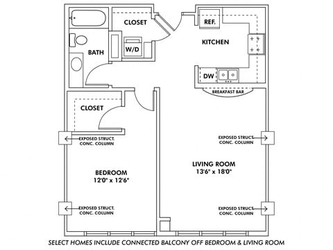 Floor plan for 1 bed, 1 bath, 755 sqft