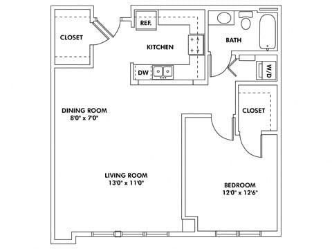 Floor plan for 1 bed, 1 bath, 920 sqft
