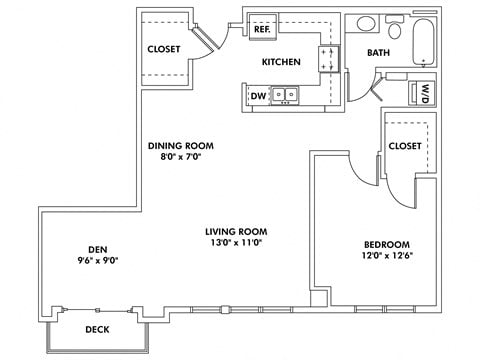Floor plan for 1 bed, 1 bath, 980 sqft