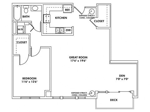 Floor plan for 1 bed, 1 bath, 990 sqft
