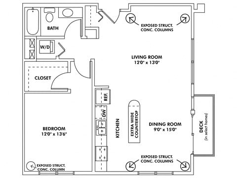 Floor plan for 1 bed, 1 bath, 895 sqft