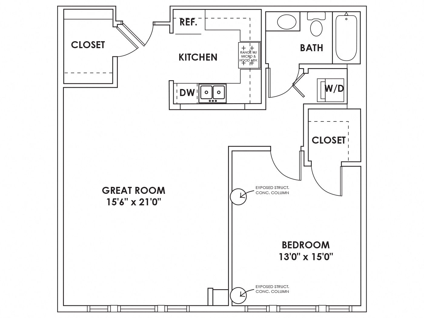 Floor plan for 1 bed, 1 bath, 860 sqft