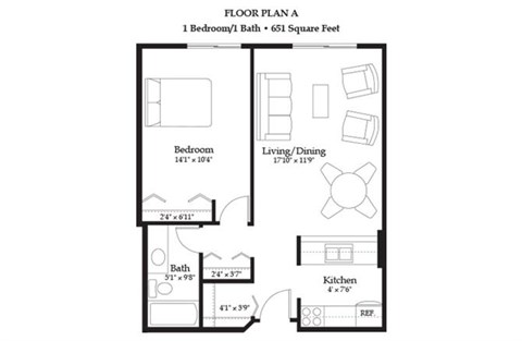 Floor plan for 1 bed, 1 bath, 651 sqft