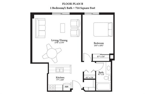 Floor plan for 1 bed, 1 bath, 714 sqft