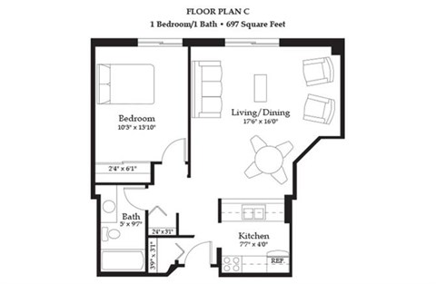 Floor plan for 1 bed, 1 bath, 697 sqft