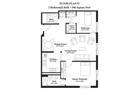 Floor plan for 2 beds, 2 baths, 986 sqft