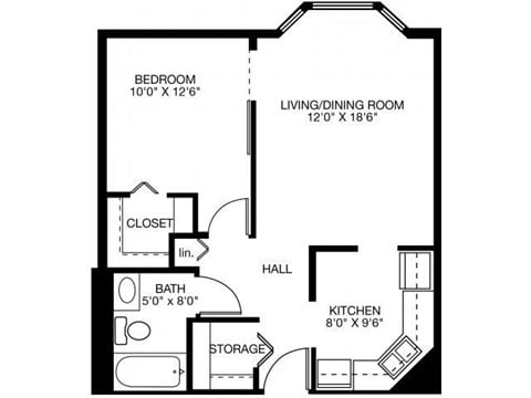 Floor plan for 1 bed, 1 bath, 608 sqft