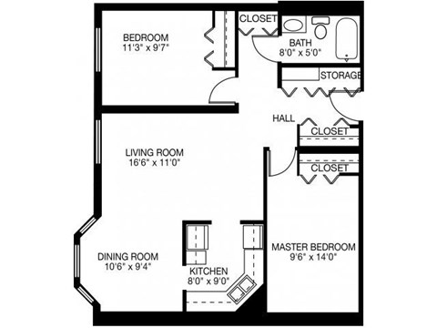 Floor plan for 2 beds, 1 bath, 821 sqft