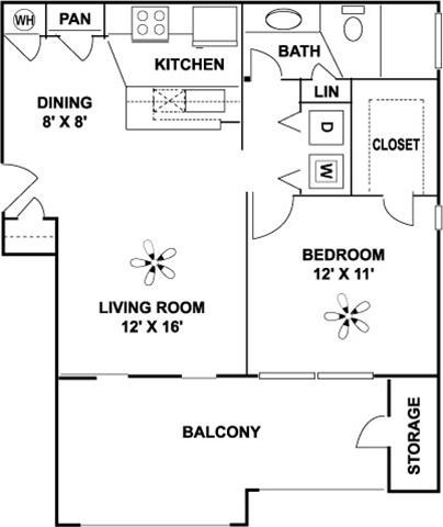 Floor plan for 1 bed, 1 bath, 700 sqft
