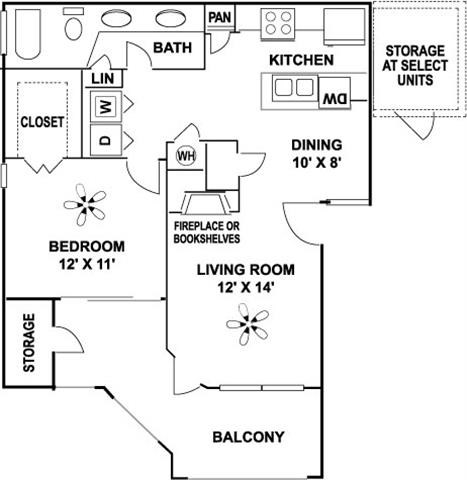 Floor plan for 1 bed, 1 bath, 785 sqft