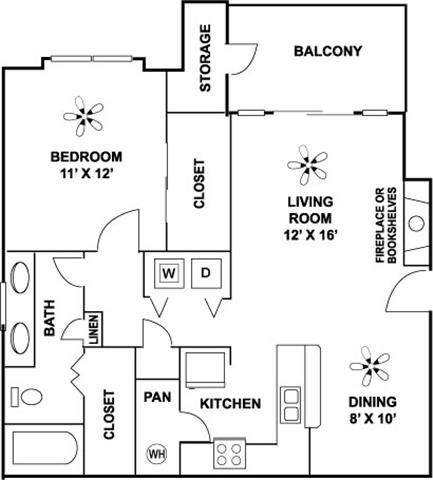 Floor plan for 1 bed, 1 bath, 835 sqft