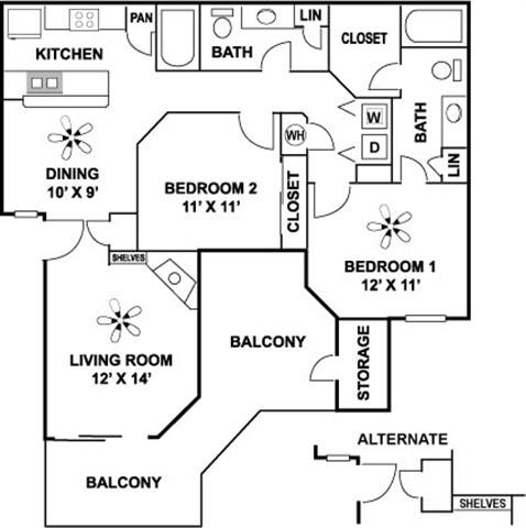 Floor plan for 2 beds, 2 baths, 1029 sqft