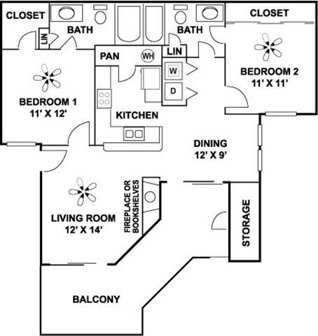Floor plan for 2 beds, 2 baths, 1029 sqft