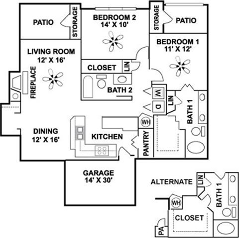 Floor plan for 2 beds, 2 baths, 1158 sqft