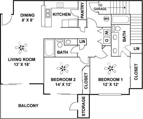 Floor plan for 2 beds, 2 baths, 1161 sqft
