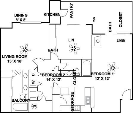 Floor plan for 2 beds, 2 baths, 1261 sqft