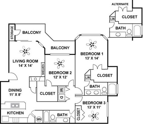 Floor plan for 3 beds, 2 baths, 1416 sqft