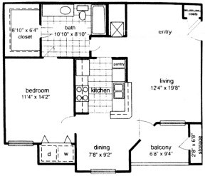Floor plan for 1 bed, 1 bath, 856 sqft