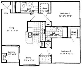 Floor plan for 2 beds, 2 baths, 1115 sqft