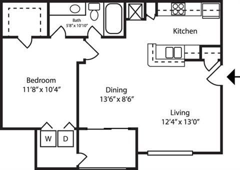 Floor plan for 1 bed, 1 bath, 753 sqft
