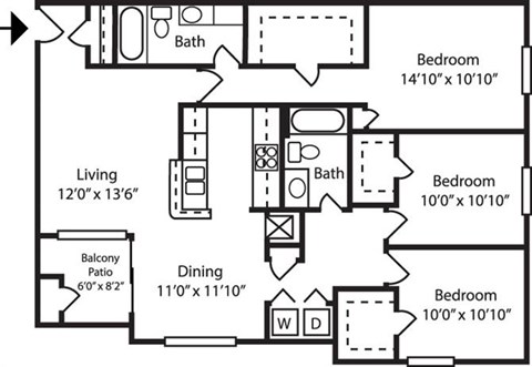 Floor plan for 3 beds, 2 baths, 1331 sqft