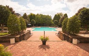 Charlotte apartment for rent - a swimming pool surrounded by trees and a brick patio with a potted plant