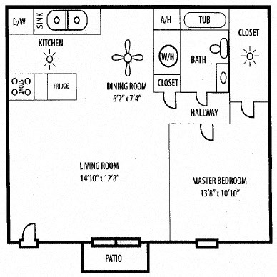 Floor plan for 1 bed, 1 bath, 520 sqft