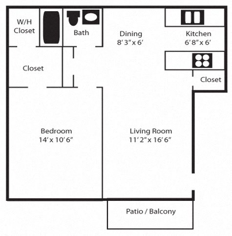 Floor plan for 1 bed, 1 bath, 750 sqft