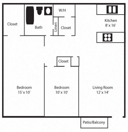 Floor plan for 2 beds, 1 bath, 860 sqft