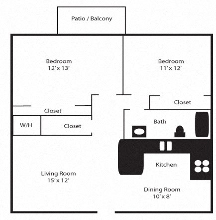 Floor plan for 2 beds, 1 bath, 916 sqft