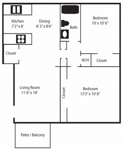 Floor plan for 2 beds, 1 bath, 860 sqft