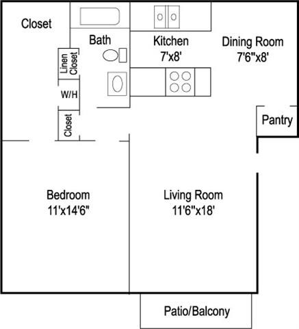 Floor plan for 1 bed, 1 bath, 750 sqft