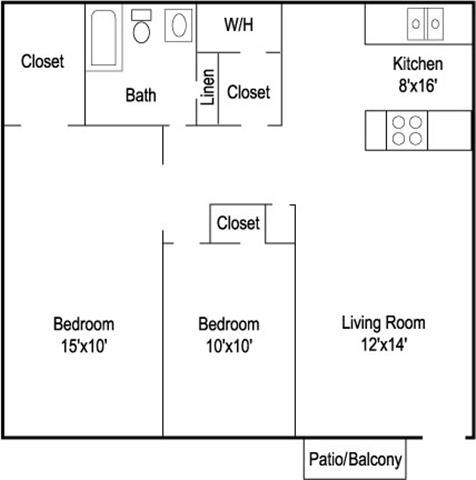 Floor plan for 2 beds, 1 bath, 860 sqft