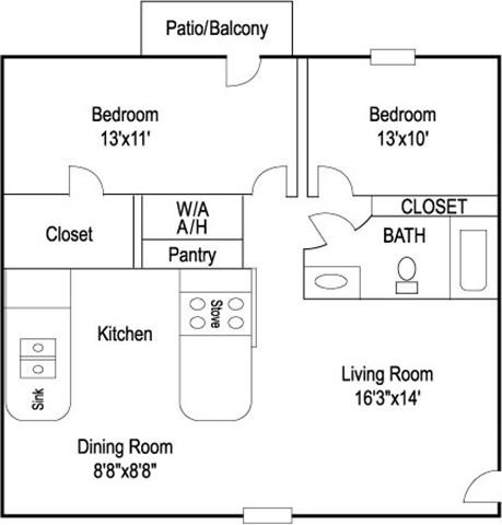 Floor plan for 2 beds, 1 bath, 962 sqft