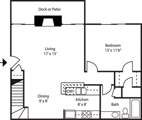 Floor plan for 1 bed, 1 bath, 735 sqft