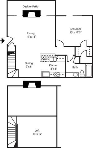 Floor plan for 1 bed, 1 bath, 895 sqft