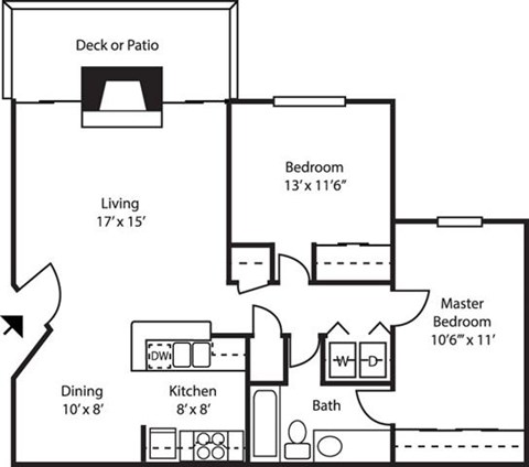 Floor plan for 2 beds, 1 bath, 872 sqft