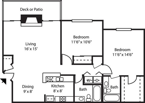 Floor plan for 2 beds, 2 baths, 980 sqft