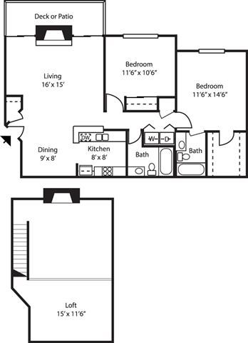 Floor plan for 2 beds, 2 baths, 1165 sqft